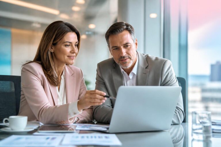 Photo of two bankers reviewing a portfolio on a laptop in a bright office