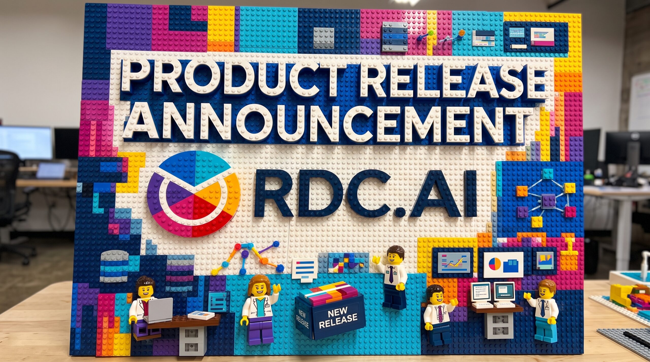 Sign built from colourful toy bricks reading Product Release Announcement, with the RDC.AI logo and small figures working at desks